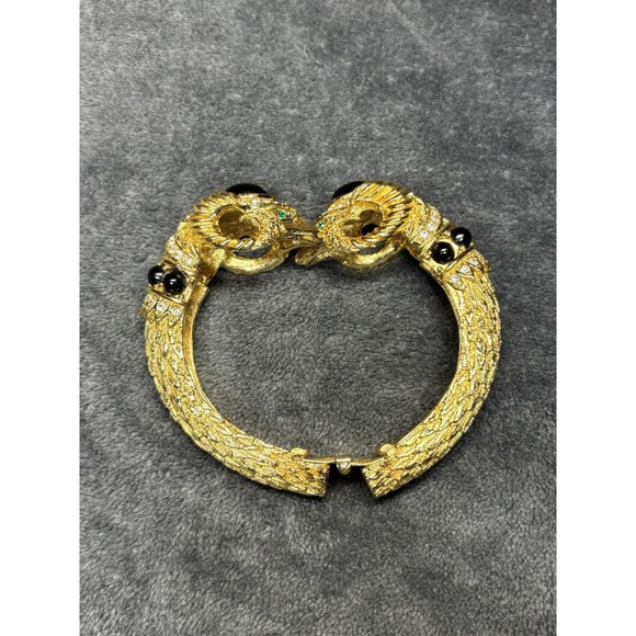Vintage Craft Goldtone Rhinestone Black Cabochon Rams Head Clamper Bracelet - Picture 9 of 9